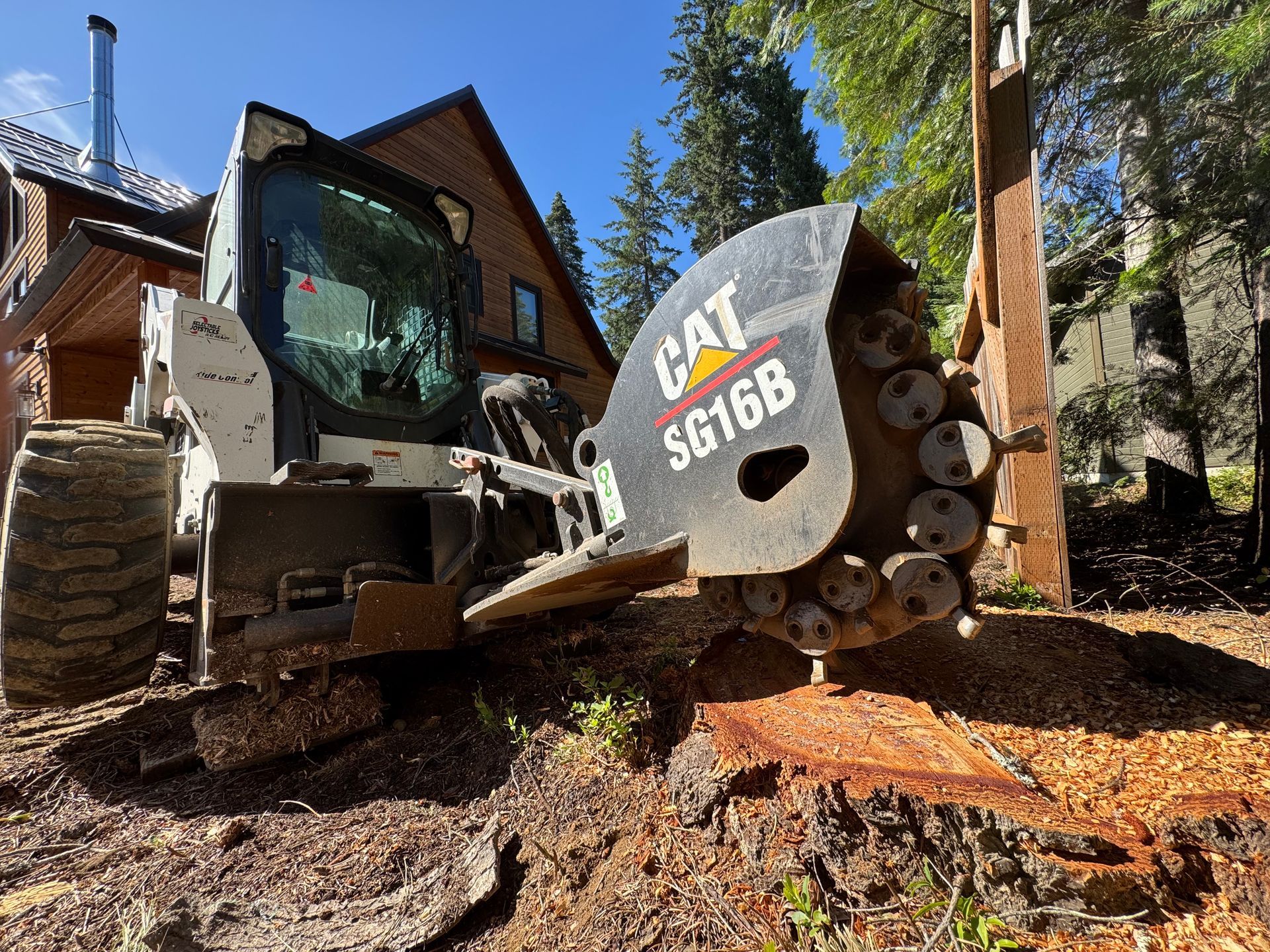 A cat tractor is cutting down a tree stump in front of a house.